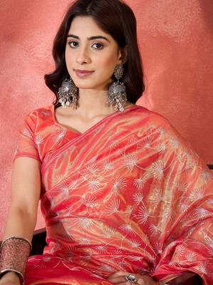 Red twill net sequin embroidered saree 3