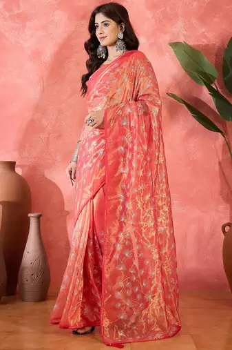 Red twill net sequin embroidered saree