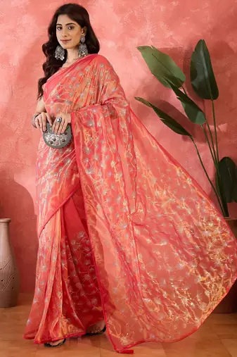 Red twill net sequin embroidered saree