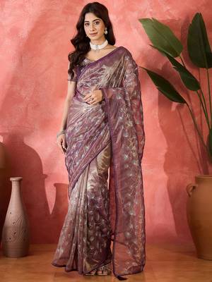 Purple twill net sequin embroidered saree 1