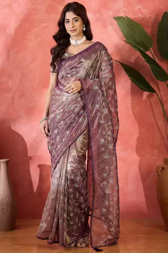 Purple designer twill net sequin embroidered saree