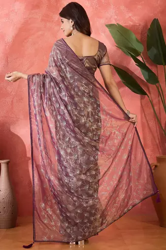 Purple twill net sequin embroidered saree
