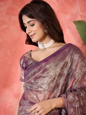 Purple twill net sequin embroidered saree 3