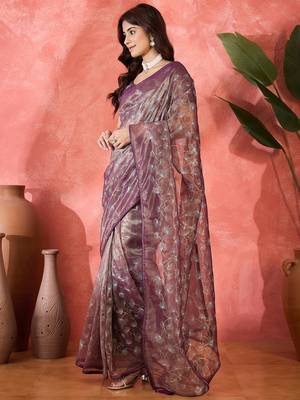 Purple twill net sequin embroidered saree 4