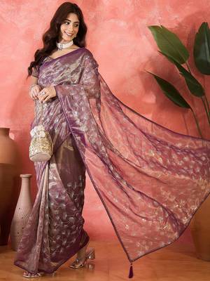 Purple twill net sequin embroidered saree 5