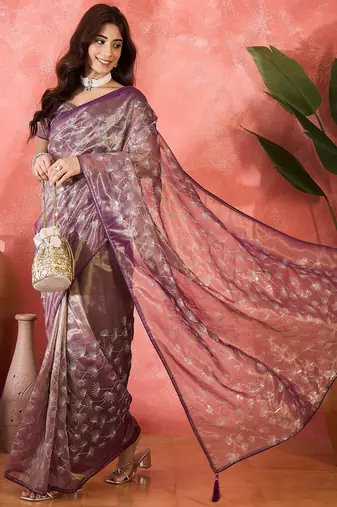 Purple twill net sequin embroidered saree