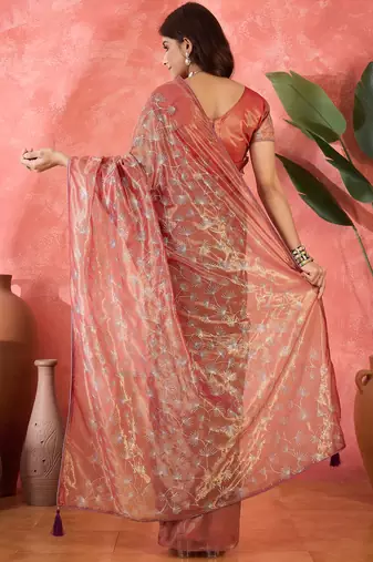 Wine twill net sequin embroidered saree