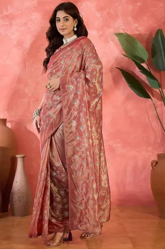 Wine twill net sequin embroidered saree