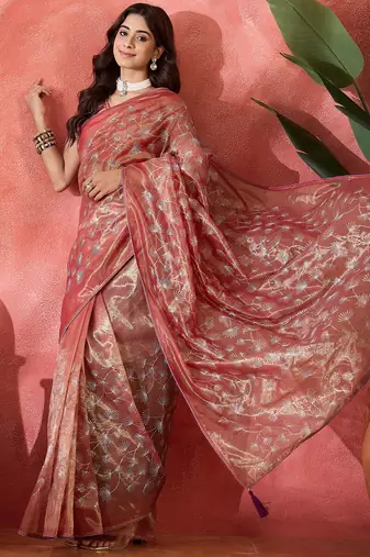 Wine twill net sequin embroidered saree