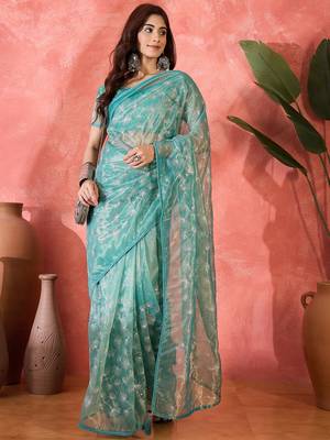 Blue twill net sequin embroidered saree 1