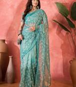Blue designer twill net sequin embroidered saree