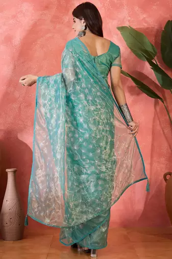 Blue twill net sequin embroidered saree