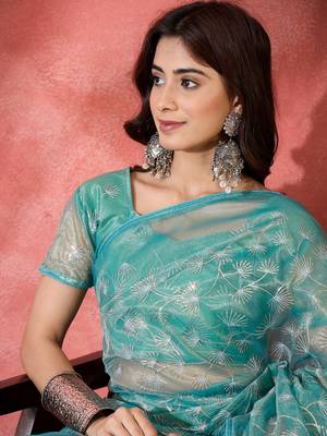 Blue twill net sequin embroidered saree 3