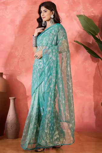 Blue twill net sequin embroidered saree
