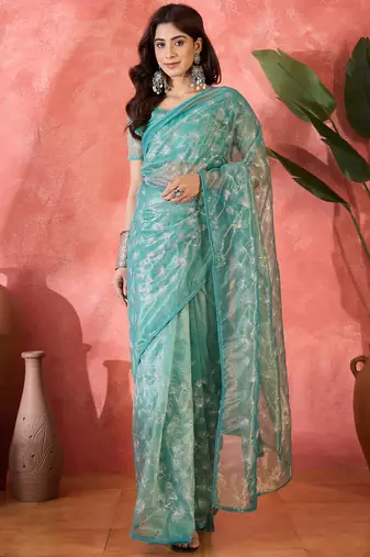 Blue twill net sequin embroidered saree