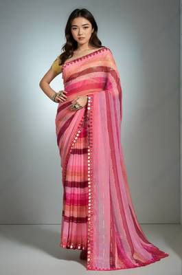Pink chiffon lariya printed with mirror cut work 1