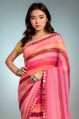 Pink chiffon lariya printed with mirror cut work 2