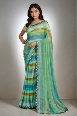 Rama chiffon lariya printed with mirror cut work 1