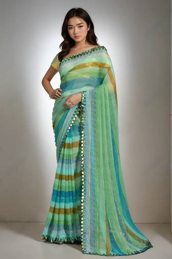 Rama chiffon lariya printed with mirror cut work