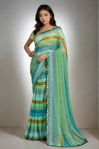 Rama chiffon lariya printed with mirror cut work