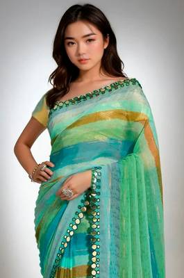 Rama chiffon lariya printed with mirror cut work 2