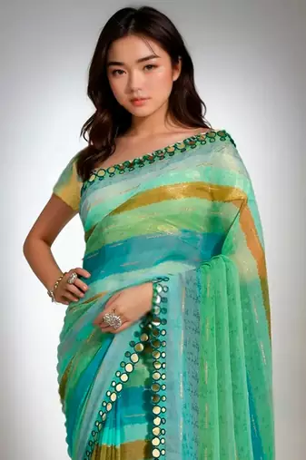 Rama chiffon lariya printed with mirror cut work