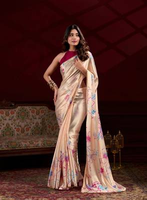 Cream floral printed satin silk blend party wear saree 1