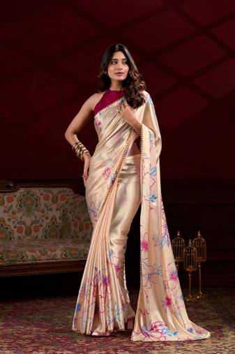 Cream floral printed satin silk blend party wear saree