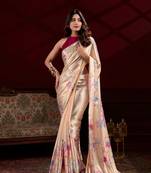 Cream floral printed satin silk blend party wear saree