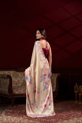 Cream floral printed satin silk blend party wear saree 2