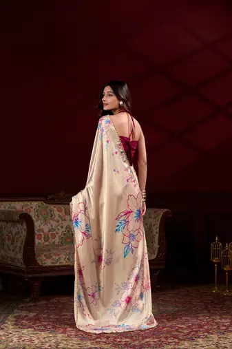 Cream floral printed satin silk blend party wear saree