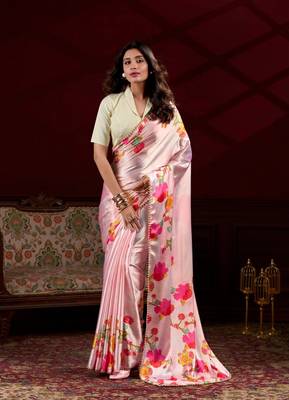 Peach floral printed satin silk blend party wear saree 1