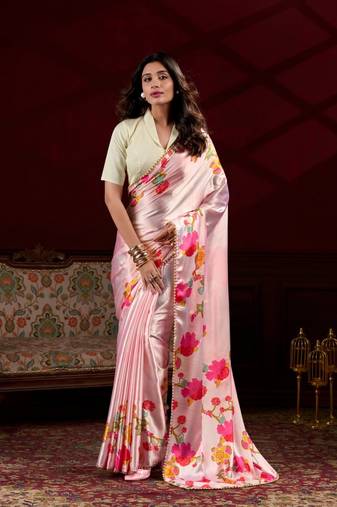 Peach floral printed satin silk blend party wear saree