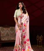 Peach floral printed satin silk blend party wear saree