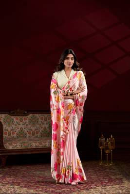 Peach floral printed satin silk blend party wear saree 3