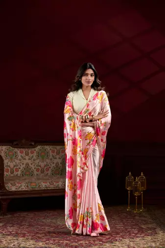 Peach floral printed satin silk blend party wear saree