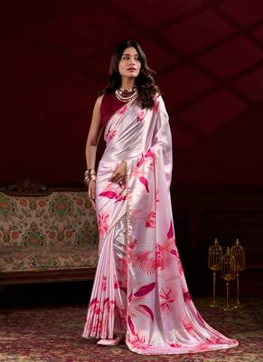 Pink floral printed satin silk blend party wear saree 1