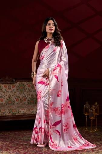 Pink floral printed satin silk blend party wear saree