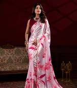 Pink floral printed satin silk blend party wear saree