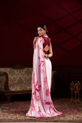 Pink floral printed satin silk blend party wear saree 2