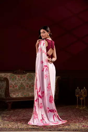 Pink floral printed satin silk blend party wear saree