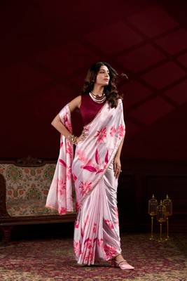 Pink floral printed satin silk blend party wear saree 3
