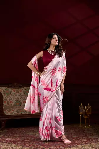 Pink floral printed satin silk blend party wear saree
