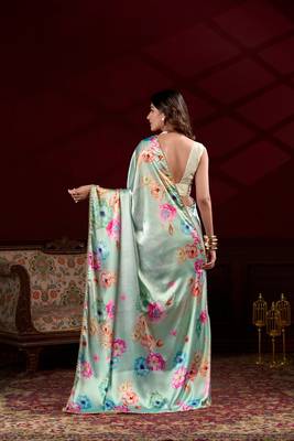 Sky blue floral printed satin silk blend party wear saree 2