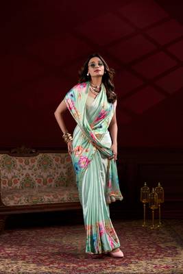Sky blue floral printed satin silk blend party wear saree 1