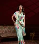 Sky blue floral printed satin silk blend party wear saree