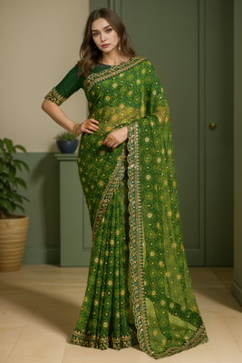 Green printed embroidery lace work georgette saree 1
