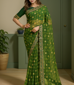 Green printed embroidery lace work georgette saree
