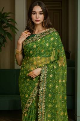 Green printed embroidery lace work georgette saree 2