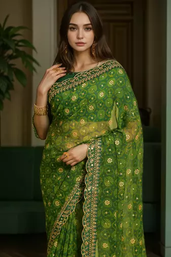Green printed embroidery lace work georgette saree